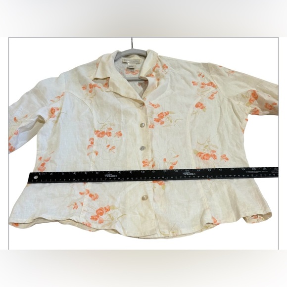Linen Cream and Peach Floral Button-Up Blouse with Darts cuffed sleeves fitted L - Picture 4 of 7
